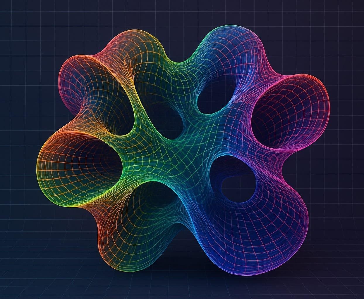 A rainbow wireframe genus-five manifold — a smooth surface with five holes — on a dark navy grid, the topological motif of PhysicsTheories.com.